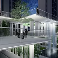 Modern High Rise Building Entrance Gate At Night With Lighting Green Plants And Cars