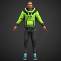3D Game Character With Neon Green Hoodie NEX Logo Dark Pants And Blue Accents