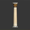 Classical Fluted Column Sculpture With Golden Decorative Top And Marble Base