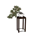 Ornamental Bonsai Plant with Green Leaves and Pink Flowers on Wooden Stand