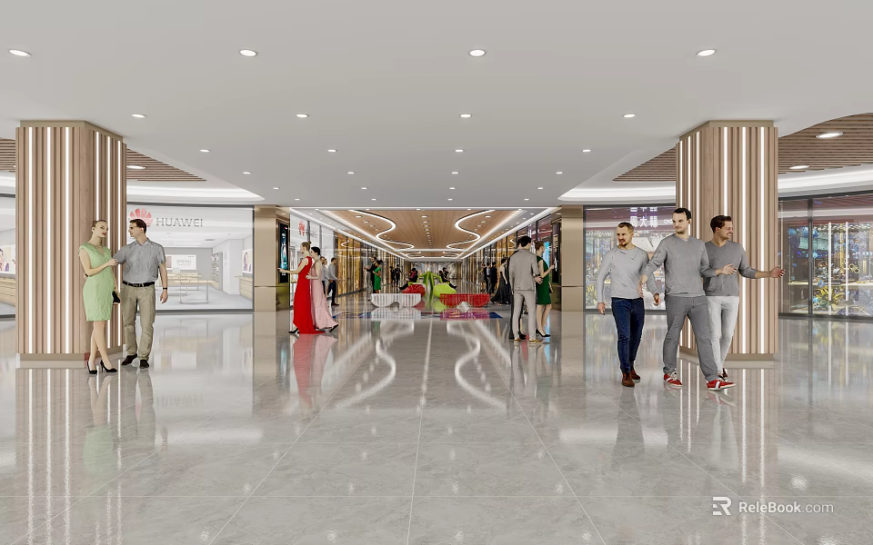 Shopping Mall Lobby With Shiny Floor Ceiling Lights Columns And Shoppers 3d model 