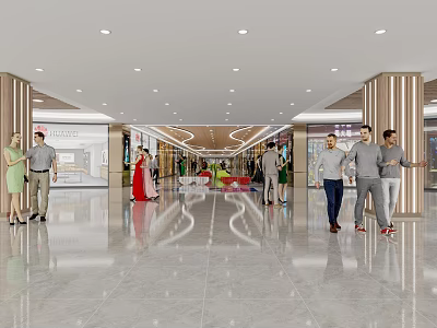 Shopping Mall Lobby With Shiny Floor Ceiling Lights Columns And Shoppers 3d model