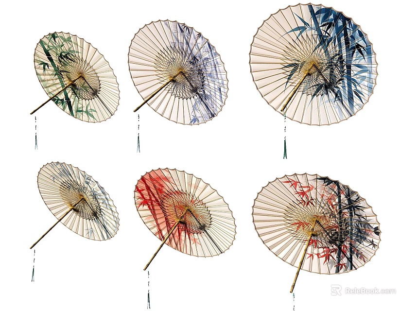 Ornamental Decor Set Featuring Six Oil Paper Umbrellas with Various Floral Bamboo Patterns 3d model 