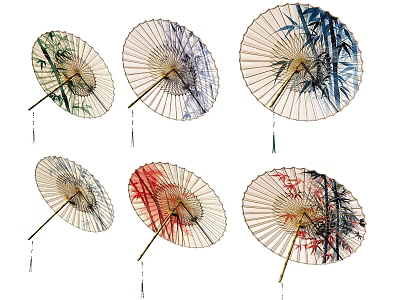 Ornamental Decor Set Featuring Six Oil Paper Umbrellas with Various Floral Bamboo Patterns 3d model