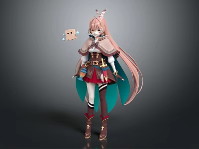 Anime Character With Pink Long Hair And Small Cube Creature Companion In Detailed Outfit 3d model