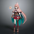Anime Character With Pink Long Hair And Small Cube Creature Companion In Detailed Outfit