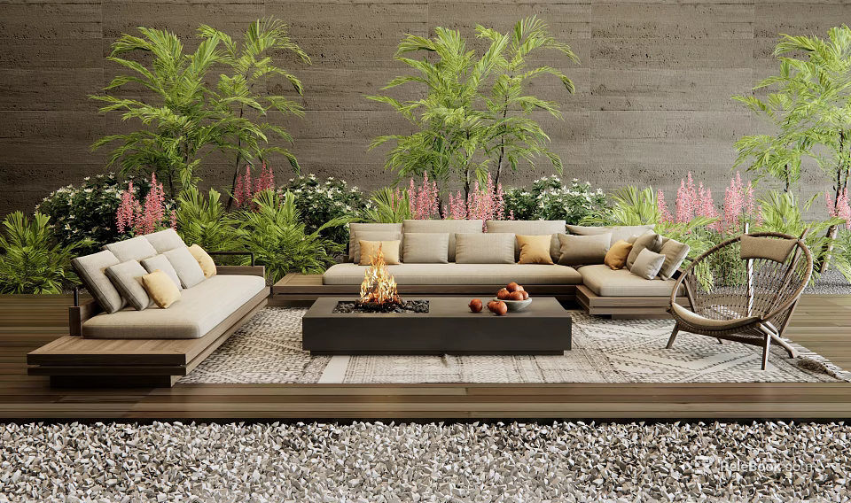 Outdoor Sofa Set With Fire Pit Table And Lush Plants On Pebble Floor 3d model 