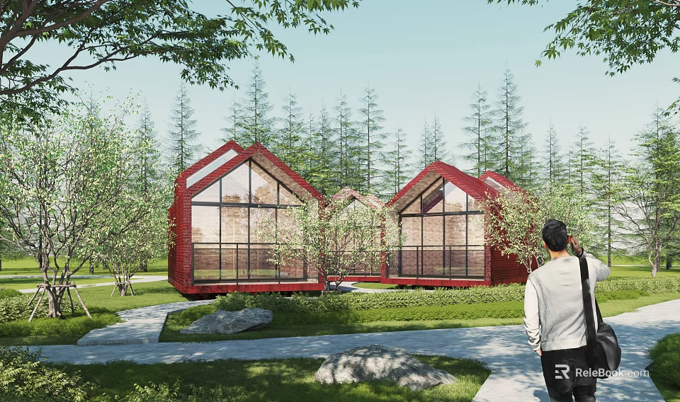 Red Detached Villa With Large Glass Windows In Natural Wooded Surroundings 3d model 