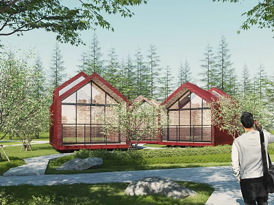 Red Detached Villa With Large Glass Windows In Natural Wooded Surroundings 3d model