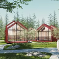 Red Detached Villa With Large Glass Windows In Natural Wooded Surroundings