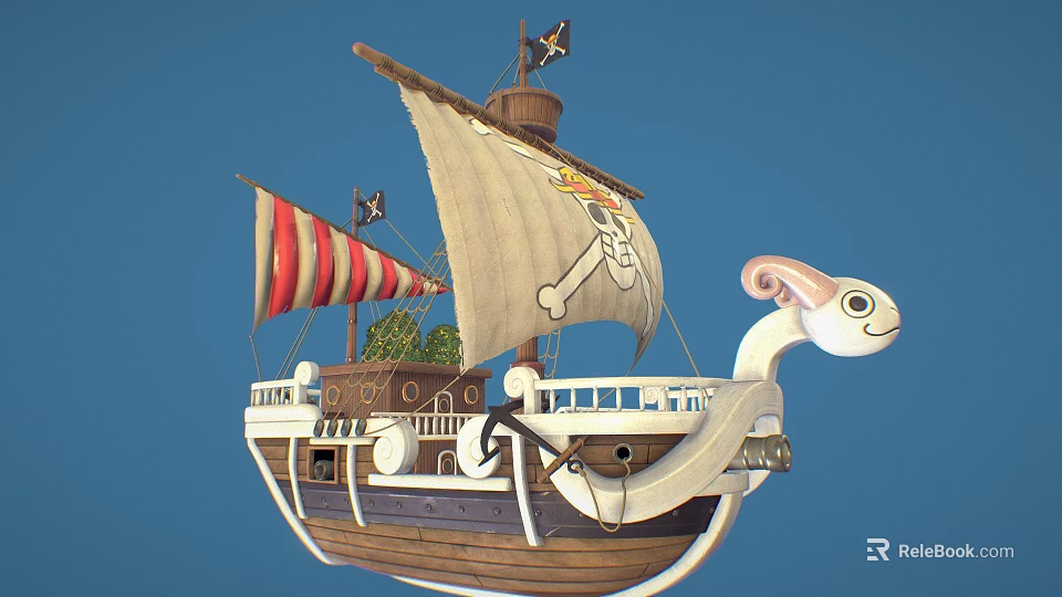 Game Movie Pirate Ship Character With White Sail Skull Flag And Figurehead Design 3d model 