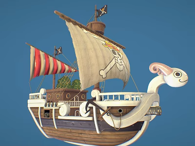 Game Movie Pirate Ship Character With White Sail Skull Flag And Figurehead Design 3d model