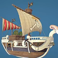 Game Movie Pirate Ship Character With White Sail Skull Flag And Figurehead Design
