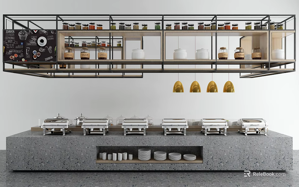 Modern Display Shelves with Jars on Upper Shelves and Equipment Below Golden Pendant Lights 3d model 