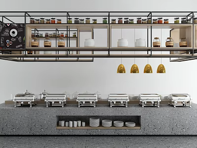 Modern Display Shelves with Jars on Upper Shelves and Equipment Below Golden Pendant Lights 3d model