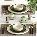 Green Toned Tableware Set With Plates Bowls Glassware And Decor