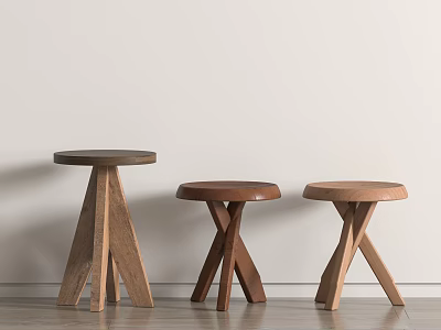 Three Different Designed Wooden Stools Against Light Colored Wall On Wooden Floor 3d model