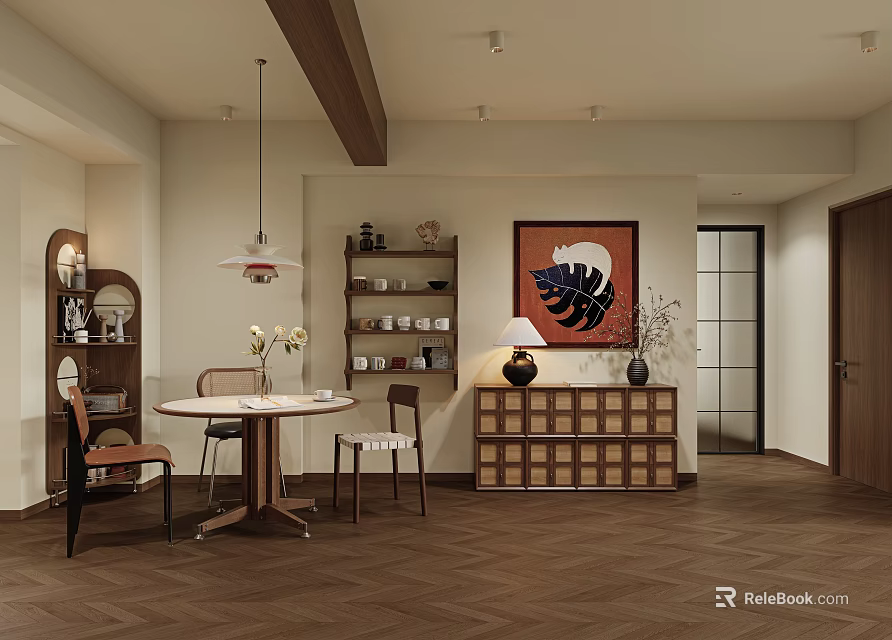 Modern Restaurant Interior Design With Dining Table Chairs Shelves And Pendant Light 3d model 