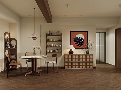 Modern Restaurant Interior Design With Dining Table Chairs Shelves And Pendant Light 3d model