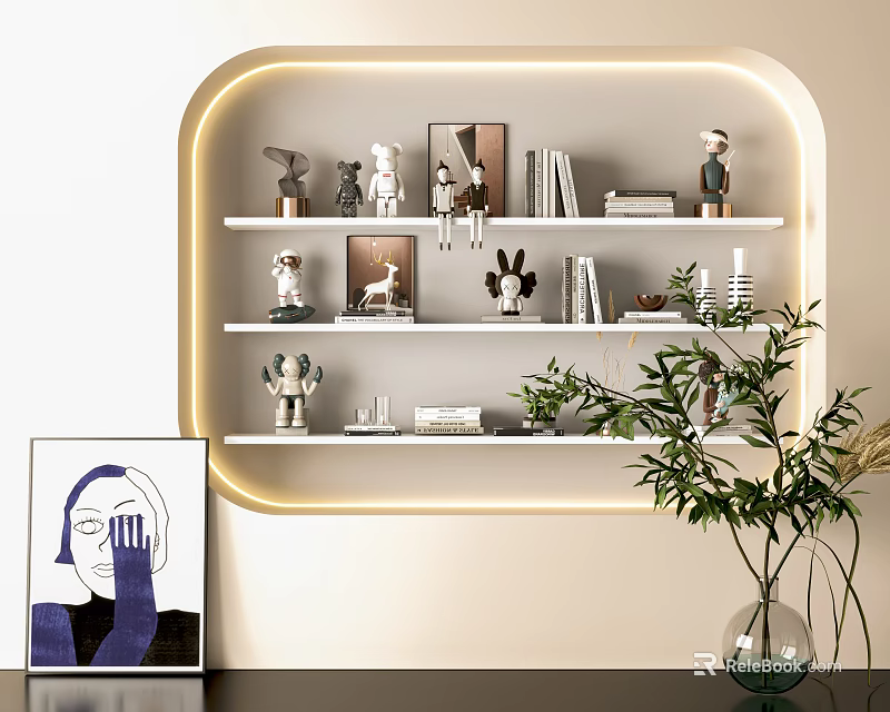 Decorative Ornament Combinations on Shelves with Books Green Plants and Lighting 3d model 