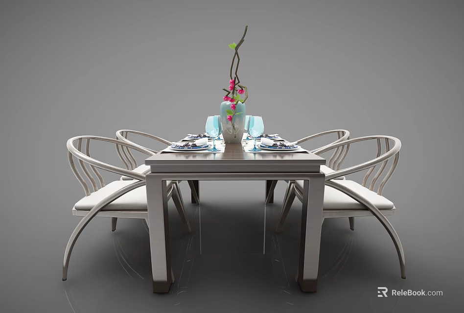 Elegant Modern Dining Table Set With Four Curved White Chairs Tableware Vase And Pink Flowers 3d model 
