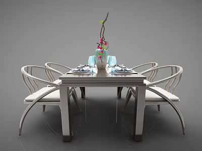 Elegant Modern Dining Table Set With Four Curved White Chairs Tableware Vase And Pink Flowers 3d model