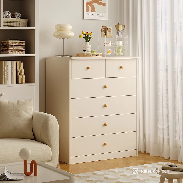 White Chest of Drawers with Gold Handles in Cozy Living Room Interior 3d model 