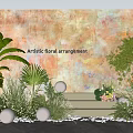 Artistic Installation With Floral Arrangement Green Plants White Spherical Lights And Stone Steps