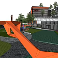 Modern Office Building With Glass Facades Internal Courtyard Green Lawn And Water Pool