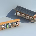 Traditional Wooden Bus Station Shelter With Roof Seats And Advertisement Billboards