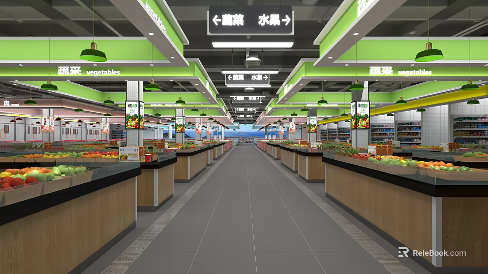 Supermarket Grocery Interior With Fresh Fruits Vegetables Aisles Shelves And Signage 3d model 