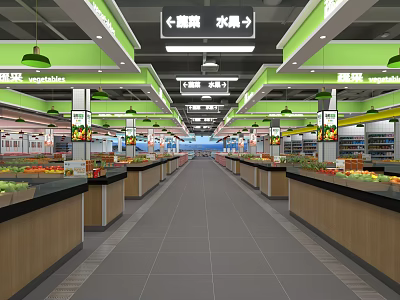 Supermarket Grocery Interior With Fresh Fruits Vegetables Aisles Shelves And Signage 3d model