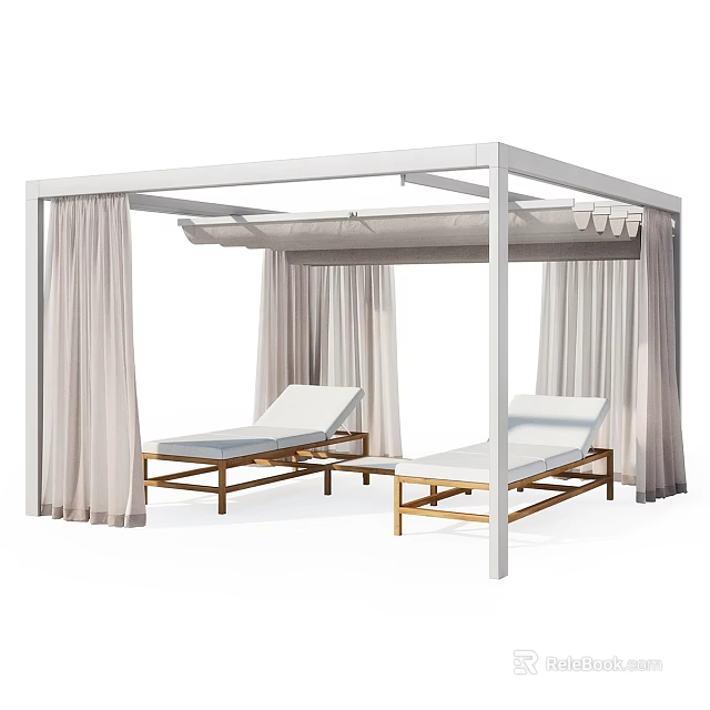 Outdoor Garden Feature With White Frame Curtains And Wooden Loungers 3d model 