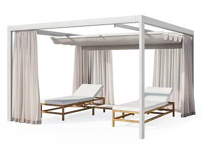 Outdoor Garden Feature With White Frame Curtains And Wooden Loungers 3d model