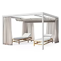 Outdoor Garden Feature With White Frame Curtains And Wooden Loungers
