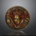 Decorative Round Medallion Featuring Queen of Hearts Red Roses Cards Clock and Golden Rope Border