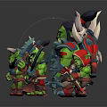 3D Rendered Green Goblin Orc Characters With Axes Swords And Colorful Hats Outfits