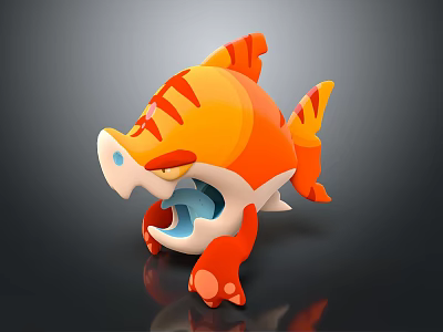 Vibrant Orange Yellow Striped Cartoon Fish With Open Mouth And Claw Like Fins 3d model