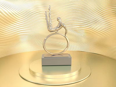 Silver Trophy Featuring Human Figure Wings Ring on Circular Golden Pedestal Against Golden Wavy Background 3d model