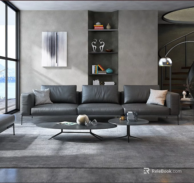 Modern Living Room Interior With Gray Leather Sofa Round Coffee Tables Abstract Painting And Bookshelf 3d model 