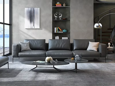 Modern Living Room Interior With Gray Leather Sofa Round Coffee Tables Abstract Painting And Bookshelf 3d model