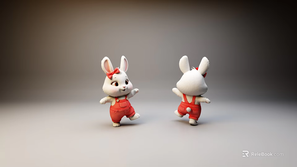 Cute White Rabbit Dolls In Red Overalls With Front And Back Views 3d model 
