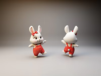 Cute White Rabbit Dolls In Red Overalls With Front And Back Views 3d model
