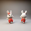 Cute White Rabbit Dolls In Red Overalls With Front And Back Views