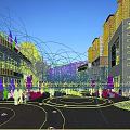Vibrant Modern Commercial Street With Shops Pedestrians Fountains And Night Lights