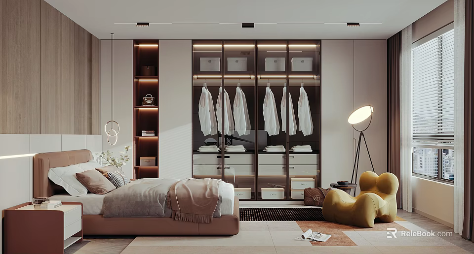 Elegant Modern Bedroom Interior With Open Wardrobe Hanging Clothes Floor Lamp And Sculptural Chair 3d model 