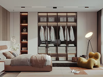 Elegant Modern Bedroom Interior With Open Wardrobe Hanging Clothes Floor Lamp And Sculptural Chair 3d model