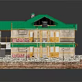 Cartoon Style Two Story House Scene With Green Roof Balconies Yellow Walls And Stone Base