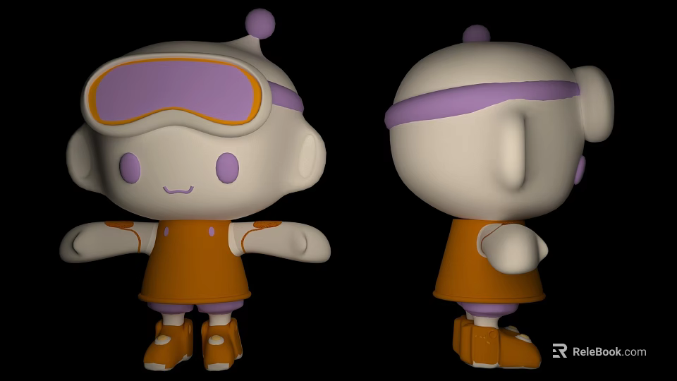 Cute Cartoon Style Doll With White Head Purple Goggles Orange Outfit And Shoes 3d model 