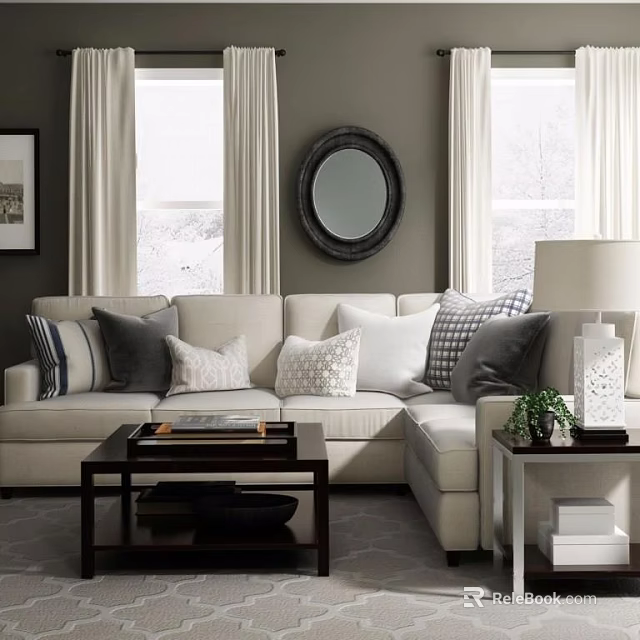 Beige Multi Seater Sofa With Mixed Pattern Pillows White Curtains Round Mirror And Coffee Table 3d model